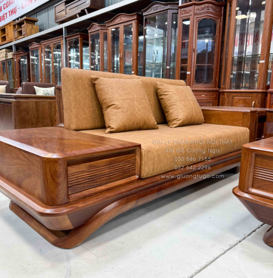 Bộ Sofa Gỗ Hương Vàng 2 Văng Chân Thuyền 3m45x2m75 Cao Cấp