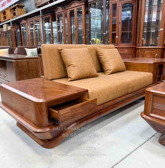 Bộ Sofa Gỗ Hương Vàng 2 Văng Chân Thuyền 3m45x2m75 Cao Cấp