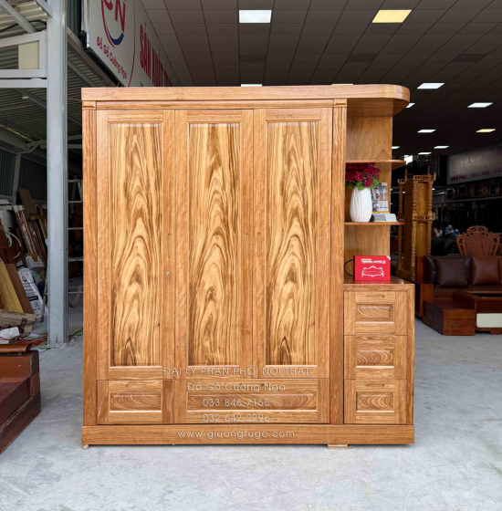 Tủ Áo Gỗ Hương Xám 3 Cánh Kèm Góc Trang Trí Bo Cạnh