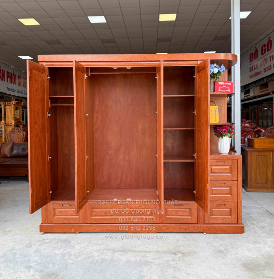 Tủ Áo Gỗ Hương Đá 4 Cánh Kèm Góc Trang Trí Bo Cạnh