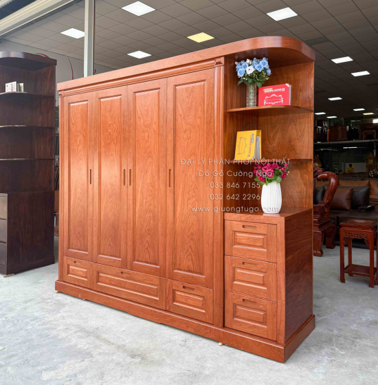 Tủ Áo Gỗ Hương Đá 4 Cánh Kèm Góc Trang Trí Bo Cạnh
