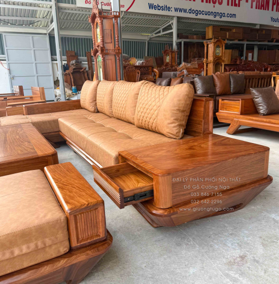 Sofa Gỗ Hương Vàng Góc L Chân Thuyền 3m15x2m15 Mẫu Nệm Da Sáng