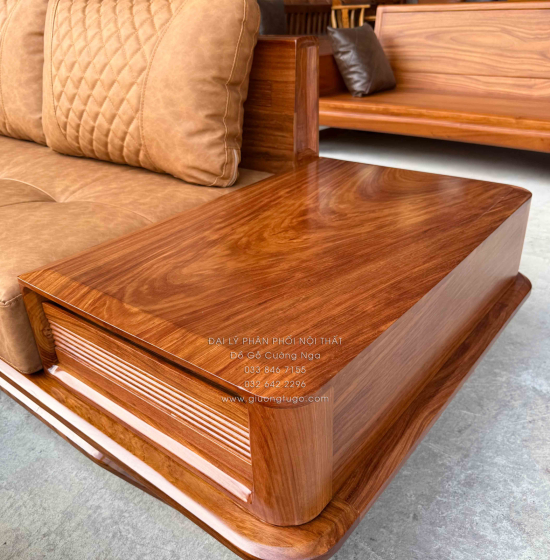 Sofa Gỗ Hương Vàng Góc L Chân Thuyền 3m15x2m15 Mẫu Nệm Da Sáng