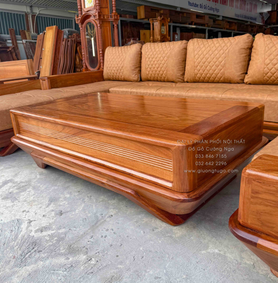 Sofa Gỗ Hương Vàng Góc L Chân Thuyền 3m15x2m15 Mẫu Nệm Da Sáng