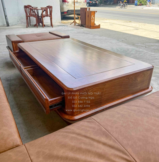 Sofa Gỗ Hương Vàng Góc L Chân Thuyền 3m15x2m15 Mẫu Nệm Da Sáng