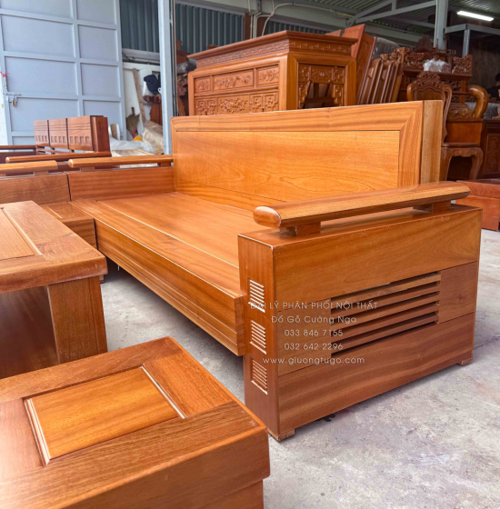  Bàn Ghế Sofa Gỗ Xoan Đào Góc L 2m1x1m6 - Lưng Liền 