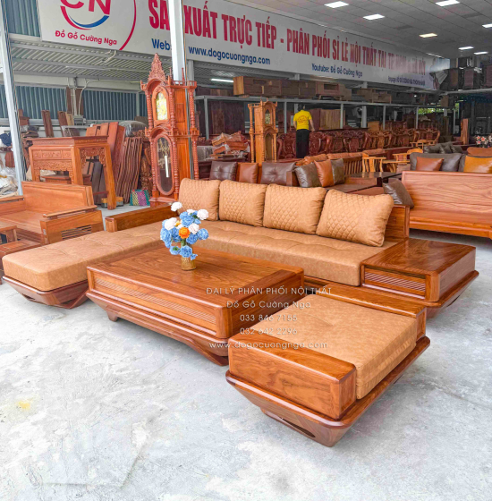 Sofa Gỗ Hương Vàng Góc L Chân Thuyền 3m15x2m15 Mẫu Nệm Da Sáng