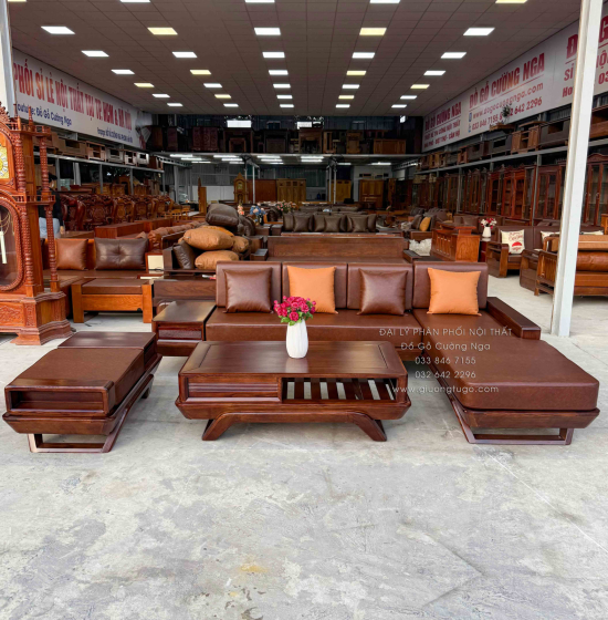 Bộ Sofa Gỗ Sồi Nga Góc L Chân Thuyền 2m8x1m9 Màu Óc Chó Sang Trọng