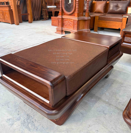 Bộ Sofa Gỗ Sồi Nga Góc L Chân Thuyền 2m8x1m9 Màu Óc Chó Sang Trọng