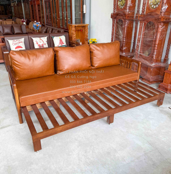 Ghế Nệm Kéo Thành Giường Gỗ Sồi Màu Óc Chó Kèm Bàn Trà Hiện Đại