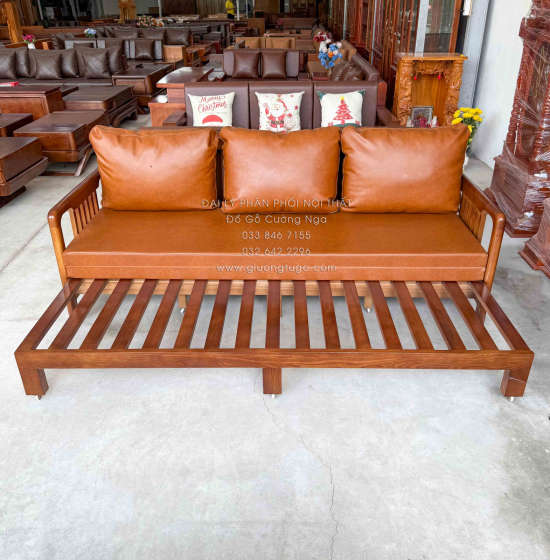 Ghế Nệm Kéo Thành Giường Gỗ Sồi Màu Óc Chó Kèm Bàn Trà Hiện Đại