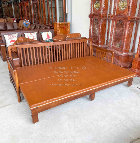 Ghế Nệm Kéo Thành Giường Gỗ Sồi Màu Óc Chó Kèm Bàn Trà Hiện Đại