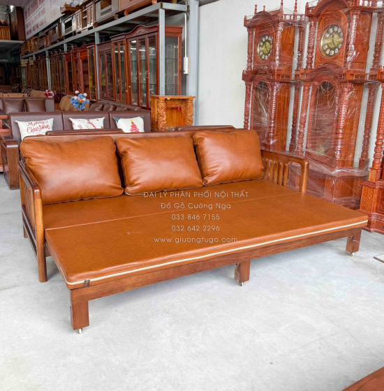 Ghế Nệm Kéo Thành Giường Gỗ Sồi Màu Óc Chó Kèm Bàn Trà Hiện Đại