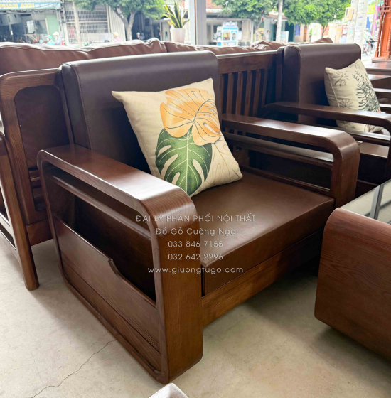 Sofa Đối Gỗ Sồi Nga Lau Màu Óc Chó 4 Chi Tiết Tay Vòng Kèm Nệm