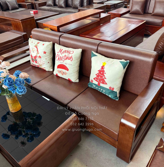 Sofa Đối Gỗ Sồi Nga Lau Màu Óc Chó 4 Chi Tiết Tay Vòng Kèm Nệm