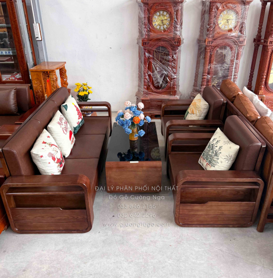 Sofa Đối Gỗ Sồi Nga Lau Màu Óc Chó 4 Chi Tiết Tay Vòng Kèm Nệm