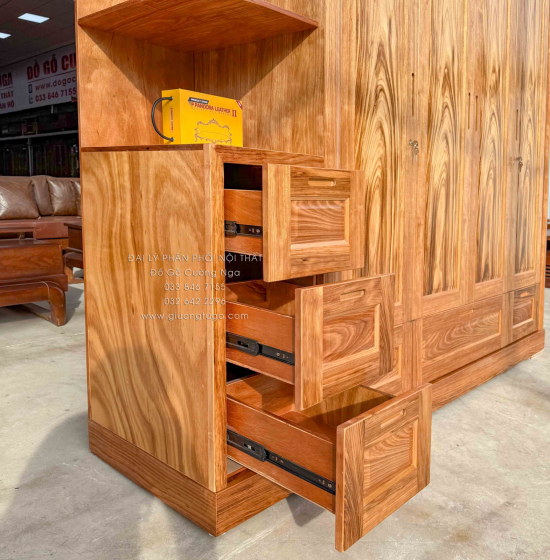Tủ Áo Gỗ Hương Xám 4 Cánh Góc Trang Trí Bền Đẹp 