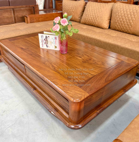 Sofa Gỗ Hương Vàng Góc L Chân Thuyền 3m15x2m15 Mẫu Nệm Da Sáng