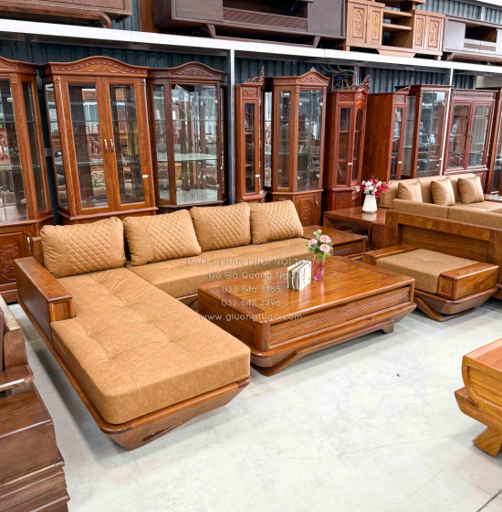Sofa Gỗ Hương Vàng Góc L Chân Thuyền 3m15x2m15 Mẫu Nệm Da Sáng