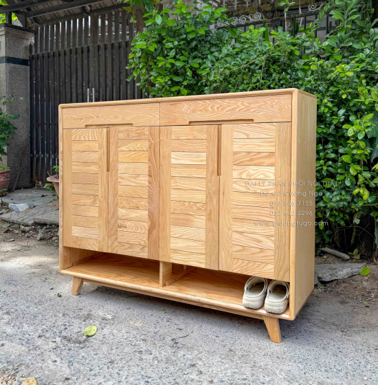 Tủ Giày Dép Gỗ Sồi Nga 4 Cánh Chân Cao Màu Tự Nhiên