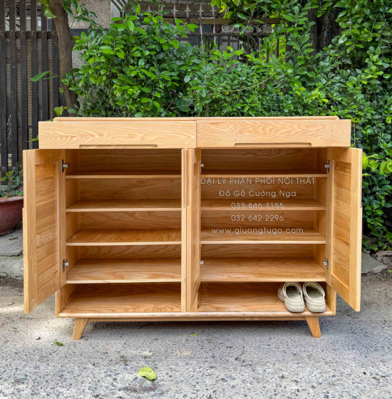 Tủ Giày Dép Gỗ Sồi Nga 4 Cánh Chân Cao Màu Tự Nhiên