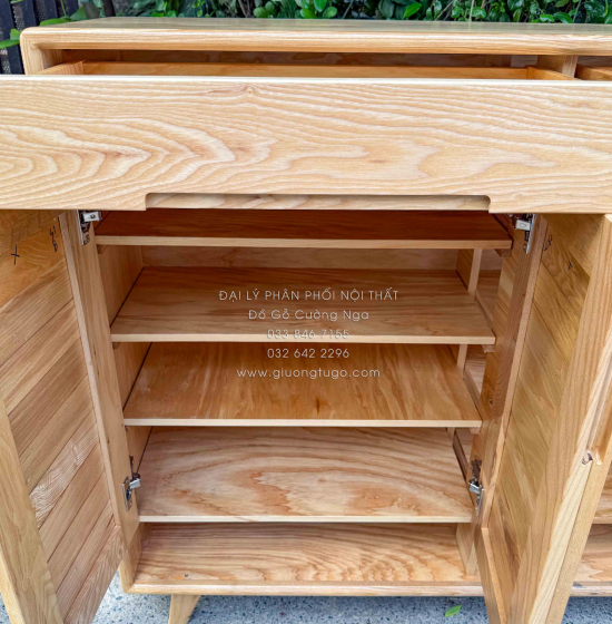 Tủ Giày Dép Gỗ Sồi Nga 4 Cánh Chân Cao Màu Tự Nhiên