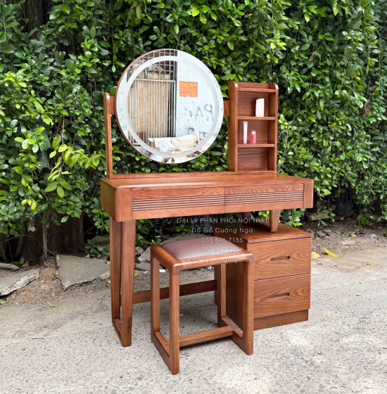 Bàn Trang Điểm Gỗ Sồi Nga Màu Óc Chó Gương LED Cảm Ứng