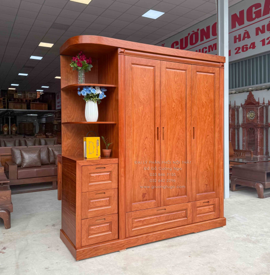 Tủ Áo Gỗ Hương Đá 3 Cánh Kèm Góc Trang Trí Bo Cạnh