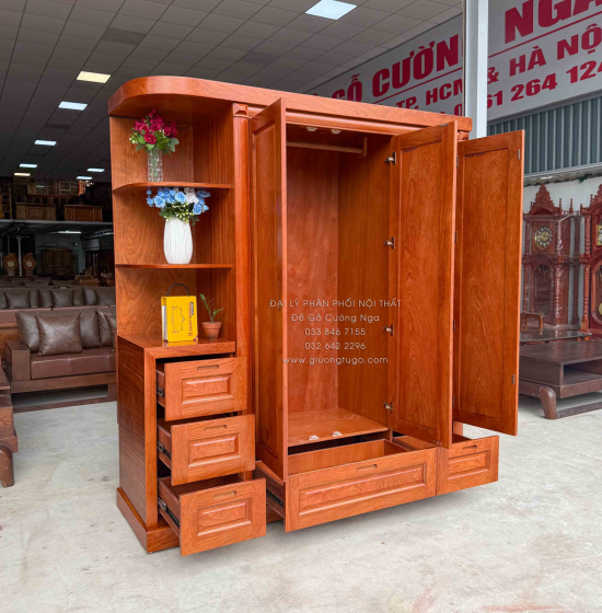 Tủ Áo Gỗ Hương Đá 3 Cánh Kèm Góc Trang Trí Bo Cạnh