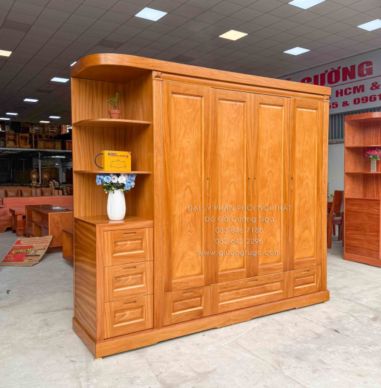 Tủ Áo Gỗ Gõ Đỏ 4 Cánh Kèm Góc Trang Trí Bo Cạnh