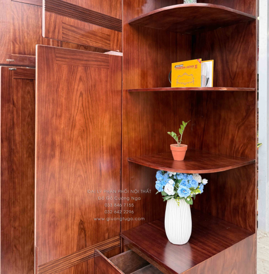 Tủ Áo Gỗ Hương Xám Màu Óc Chó 2 Tầng 4 Cánh Cánh Kèm Kệ Góc