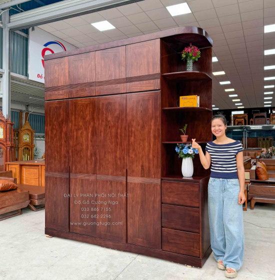 Tủ Áo Gỗ Hương Xám Màu Óc Chó 2 Tầng 4 Cánh Cánh Kèm Kệ Góc