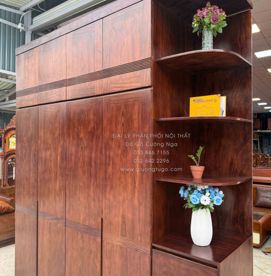 Tủ Áo Gỗ Hương Xám Màu Óc Chó 2 Tầng 4 Cánh Cánh Kèm Kệ Góc