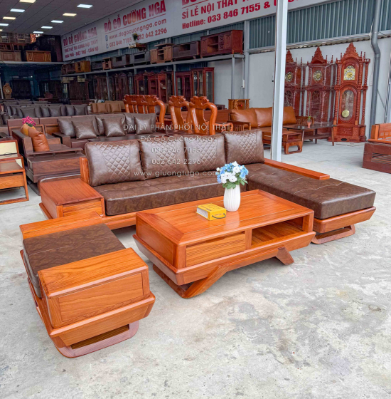 Sofa Gỗ Gõ Đỏ Góc L 2m8x1m8 Chân Thuyền Nệm Cao Su Cao Cấp
