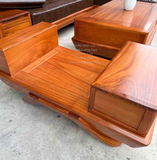 Sofa Gỗ Gõ Đỏ Góc L 2m8x1m8 Chân Thuyền Nệm Cao Su Cao Cấp