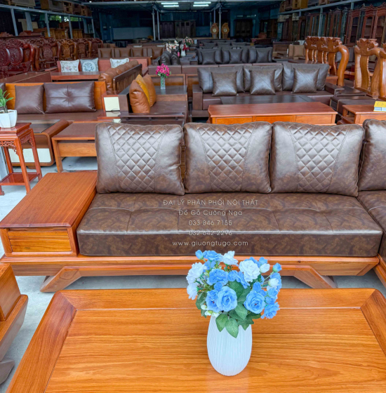Sofa Gỗ Gõ Đỏ Góc L 2m8x1m8 Chân Thuyền Nệm Cao Su Cao Cấp