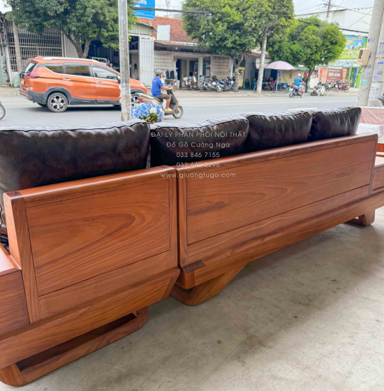 Sofa Gỗ Gõ Đỏ Góc L 2m8x1m8 Chân Thuyền Nệm Cao Su Cao Cấp