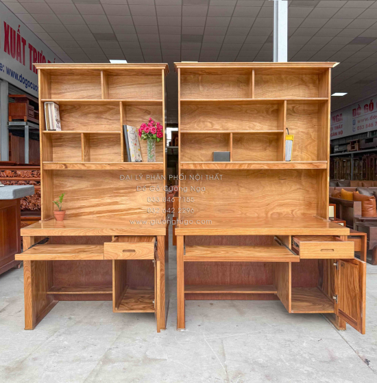 Bàn Học Sinh Gỗ Hương Xám Kết Hợp Giá Sách