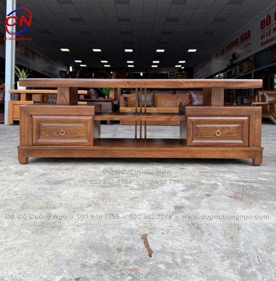 Kệ Tivi Gỗ Hương Xám Màu Óc Chó Hiện Đại Thiết Kế 2 Ngăn Kéo Soi 