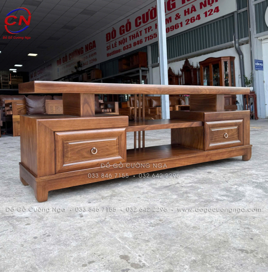 Kệ Tivi Gỗ Hương Xám Màu Óc Chó Hiện Đại Thiết Kế 2 Ngăn Kéo Soi 