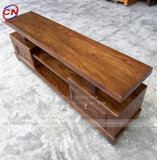 Kệ Tivi Gỗ Hương Xám Màu Óc Chó Hiện Đại Thiết Kế 2 Ngăn Kéo Soi 