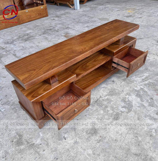 Kệ Tivi Gỗ Hương Xám Màu Óc Chó Hiện Đại Thiết Kế 2 Ngăn Kéo Soi 
