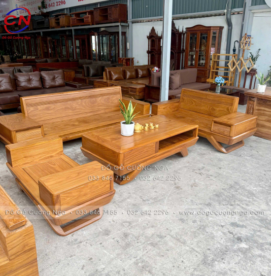 Sofa Gỗ Cẩm Vàng Thiết Kế 2 Văng Chân Thuyền Sang Trọng