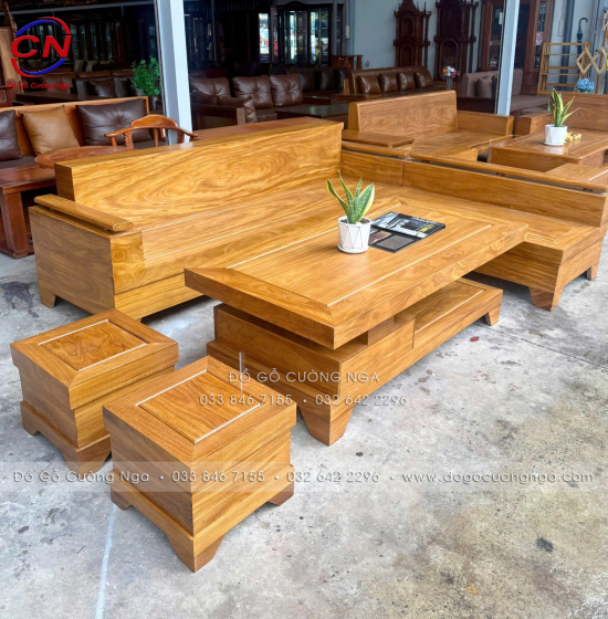 Sofa Gỗ Cẩm Vàng Góc L 2m44 x 2m Tay Trứng Đẹp Cho Phòng Khách