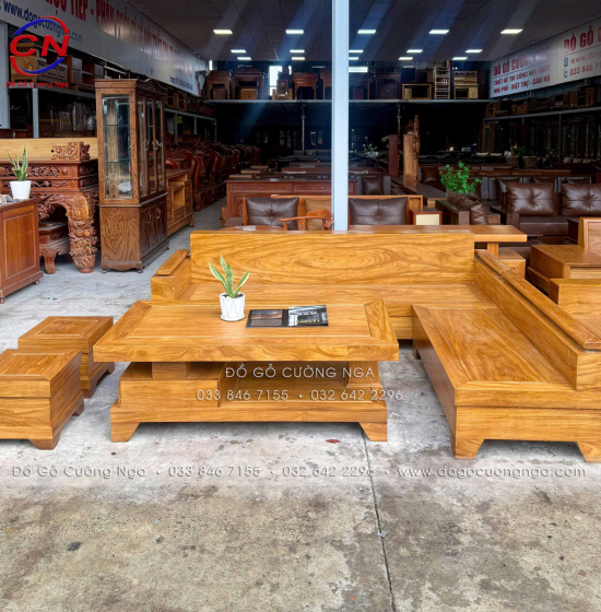 Sofa Gỗ Cẩm Vàng Góc L 2m44 x 2m Tay Trứng Đẹp Cho Phòng Khách