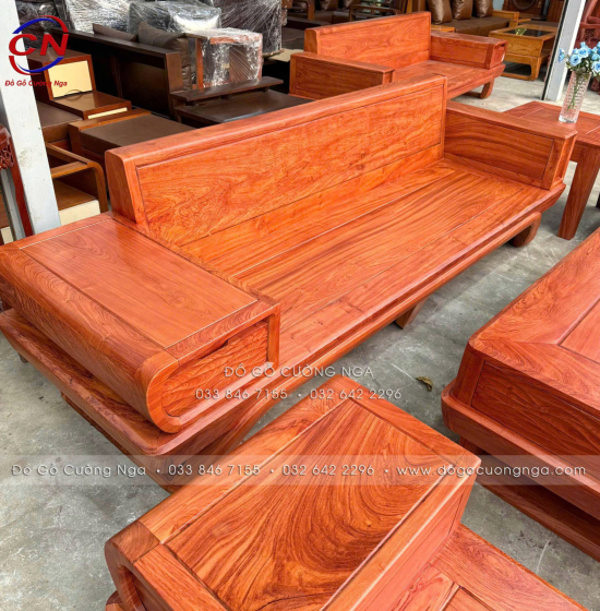 Sofa Gỗ Hương Đá 2 Văng Cao Cấp Kèm Nệm Vế Trái 