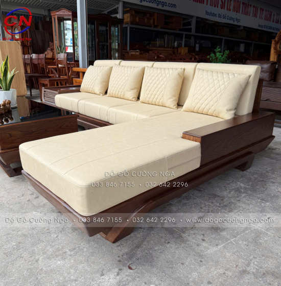 Bộ Sofa Gỗ Sồi Nga Góc L 2m8x1m8 Kèm Nệm Kem Sang Trọng 