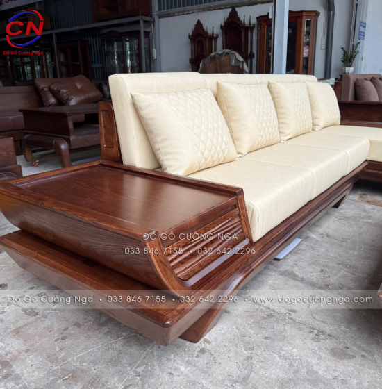 Bộ Sofa Gỗ Sồi Nga Góc L 2m8x1m8 Kèm Nệm Kem Sang Trọng 