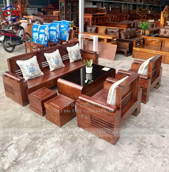 Bộ Sofa Đối Xứng Gỗ Sồi Nga 6 Món Màu Óc Chó Sang Trọng