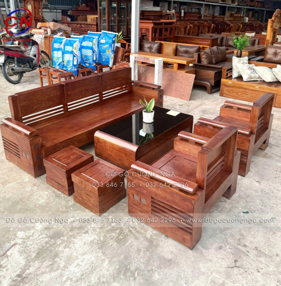 Bộ Sofa Đối Xứng Gỗ Sồi Nga 6 Món Màu Óc Chó Sang Trọng